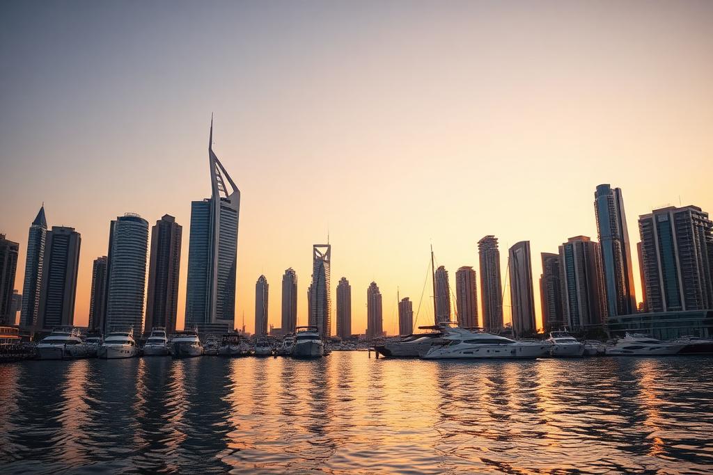 Dubai marina skyline at golden hour with calm water