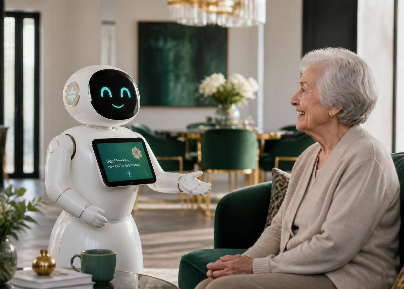 AI companion robot speaking with an elderly woman in her living room